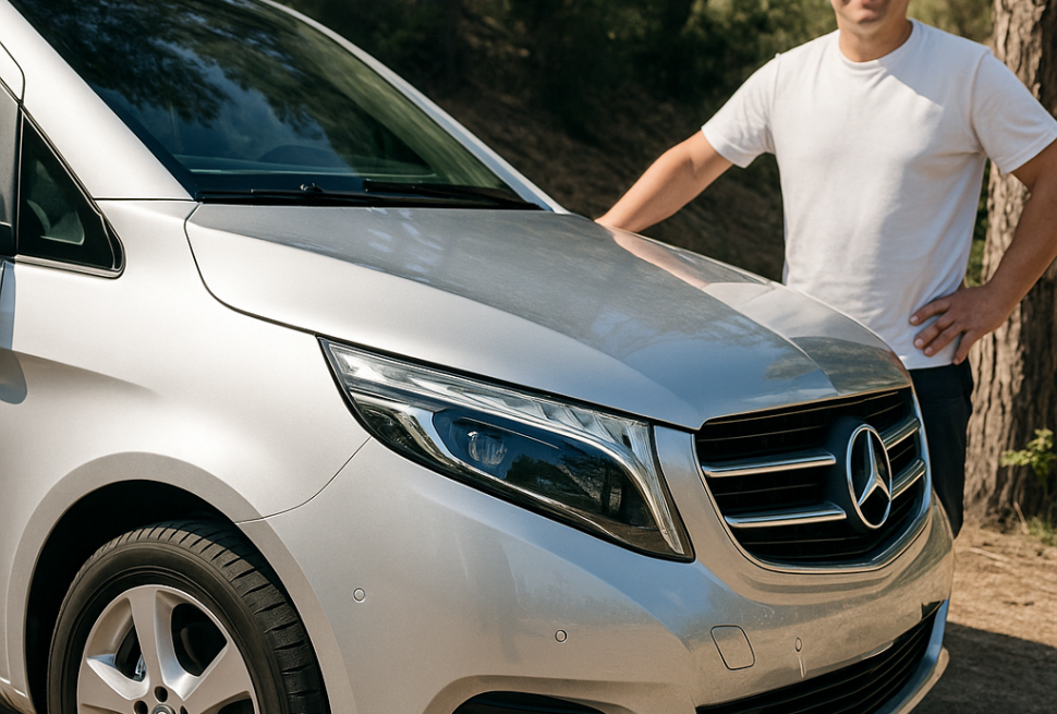 Серебристый автомобиль Mercedes V-Class, припаркованный в сосновом лесу в Барселоне
