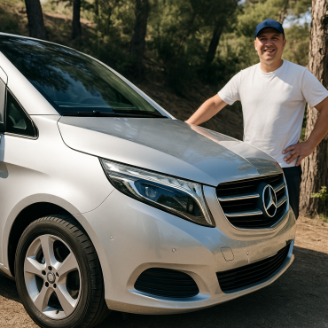 Серебристый автомобиль Mercedes V-Class, припаркованный в сосновом лесу в Барселоне